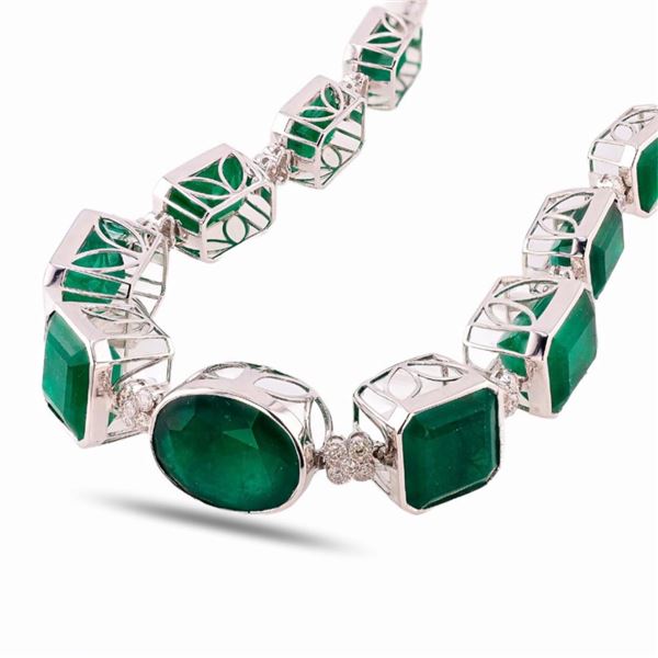 99.00 ctw Emerald and 2.92 ctw Diamond Platinum Necklace
