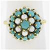 Vintage Solid 18K Yellow Gold Pearl & Turquoise Domed Cocktail Ring