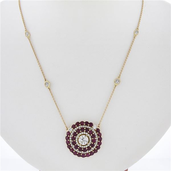 18k Rose Gold 7.32 ctw Ruby & Diamond Round Pendant 19.5  By the Yard Necklace