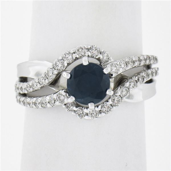Solid 14K White Gold 1.40 ctw Round Cut Sapphire & Diamond Solitaire Wavy Ring
