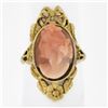 Image 1 : Antique 14k Yellow Gold Bezel Oval Carved Coral Cameo Bow Flower Frame Ring