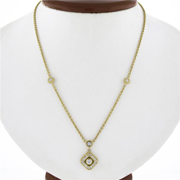 18k Gold 0.60 ctw Diamond Dangle Cushion Pendant Station 16" Cable Link Necklace