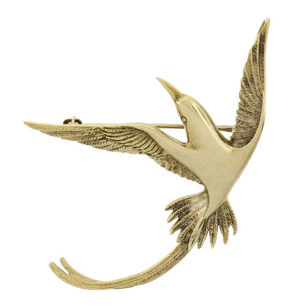 Vintage 14K Gold Detailed Textured Polished Flying Bird Pin Brooch Pendant