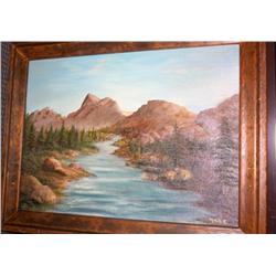 Framed Oil Painting of a River and Mountains