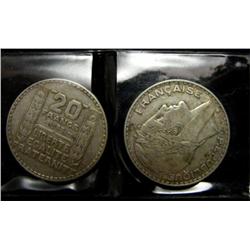 Two 1933 Twenty Franc Coins