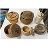 Image 2 : 6x Vintage Handmade Lidded Containers: Stoneware & Weaved Straw / Wood