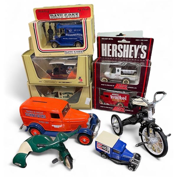 Assorted Vintage Die Cast Cars & Tricycles