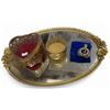 Image 1 : Vintage Vanity Accessories: Glass Lidded Container, Mirror Tray, & Perfume Bottle