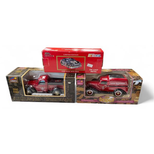 3x Vintage Die Cast Car Coin Banks: Canadian Tire & Nascar Racing Champions
