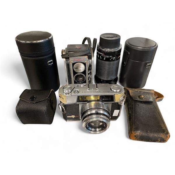 vintage Cameras & Accessories: Aires Viscount, Duaflex II, Vest Pocket Model B, & 4x Lenses