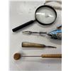Image 2 : Vintage Variety: Abalone Fish Bottle Opener, Magnifying Glasses, Candle Snuffer, Necklace, & More