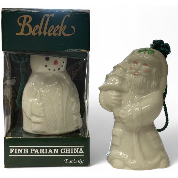 2x Belleek Christmas Ornaments: Snowman & Santa Claus