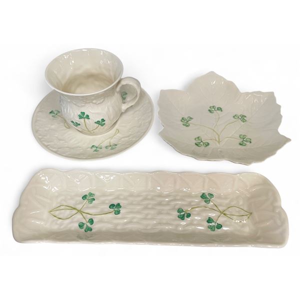 4x Vintage Belleek Shamrock Pieces: Cup & Saucer + 2 Plates