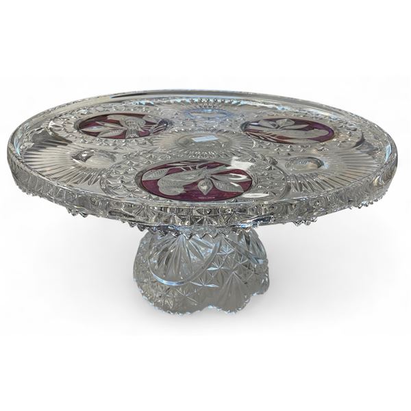 Vintage Crystal Cake Plate With Bird Motifs & Red Glass Details
