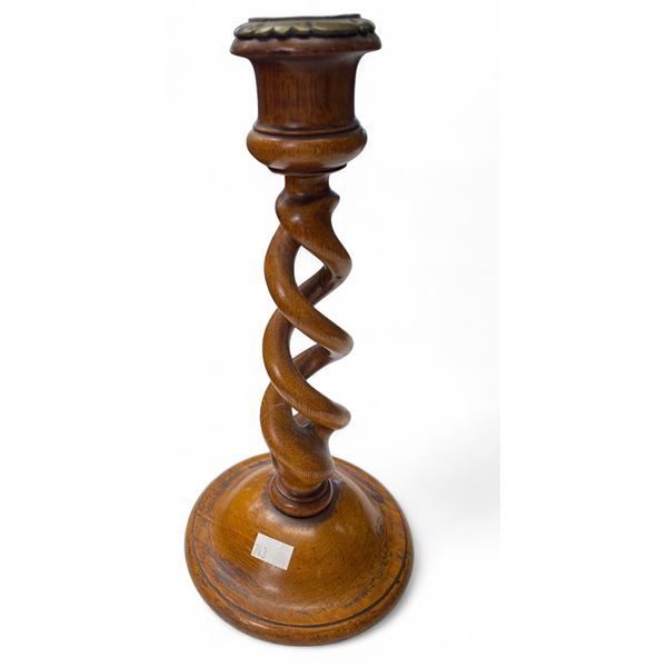 Vintage Twisted Wood Candle Stick Holder With Brass Top Detail
