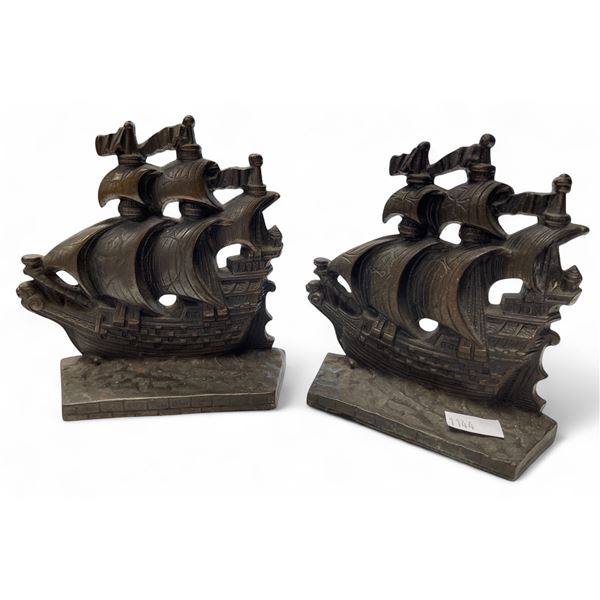 2x Vintage "A Galleon In The Time Of Elizabeth 1558-1603" Bronze Bookends