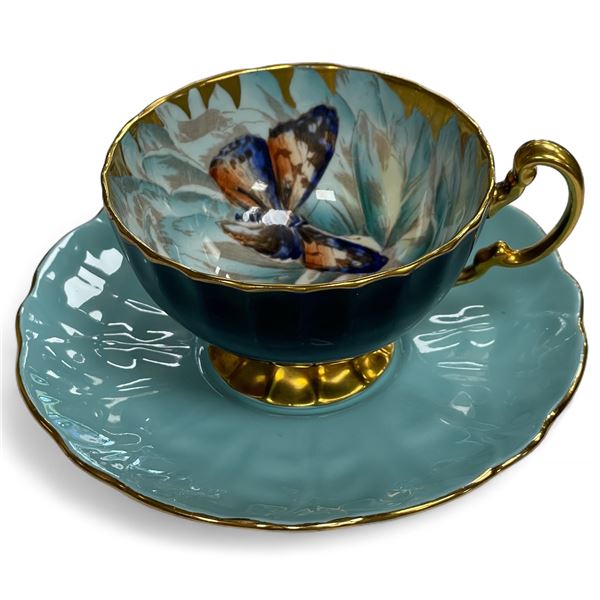 Rare Vintage Aynsley Hand Painted Butterfly Tea Cup & Saucer
