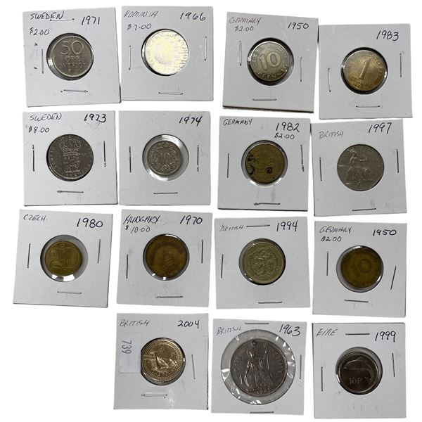 Assorted World Coins: Sweden, Britain, Germany, Romania, & More