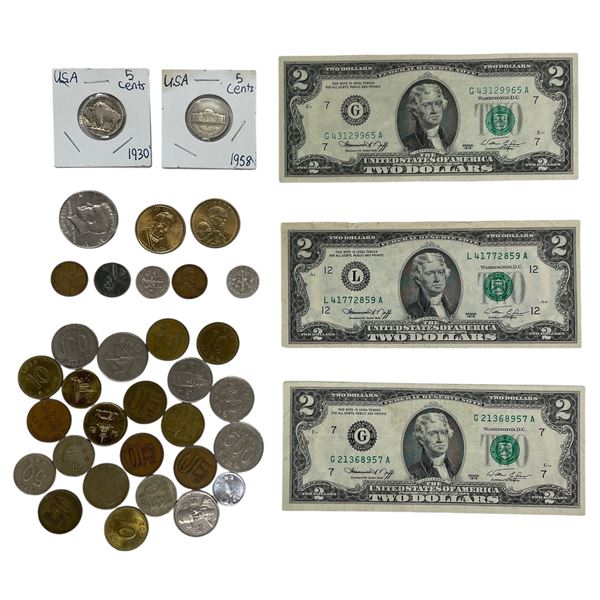 Assorted World Currency: 3x American $2 Bills, American Coins, & More