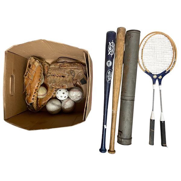 Group - Vintage sports equipment including badminton racquets, baseball gloves & bats, etc.