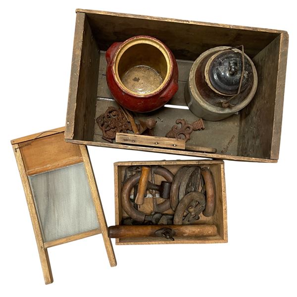 Vintage wooden crate containing washboard, vintage tools & ceramics
