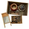 Image 1 : Vintage wooden crate containing washboard, vintage tools & ceramics