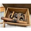 Image 2 : Vintage wooden crate containing washboard, vintage tools & ceramics