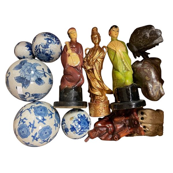 Group - Collection of Asian figurines and decorative spheres
