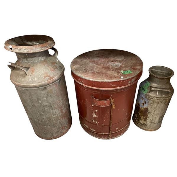Group of vintage milk containers and large vintage metal container