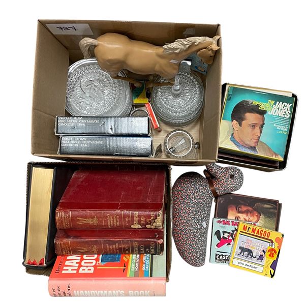 2 pc - Boxes of vintage books, toys, reel to reels, etc.