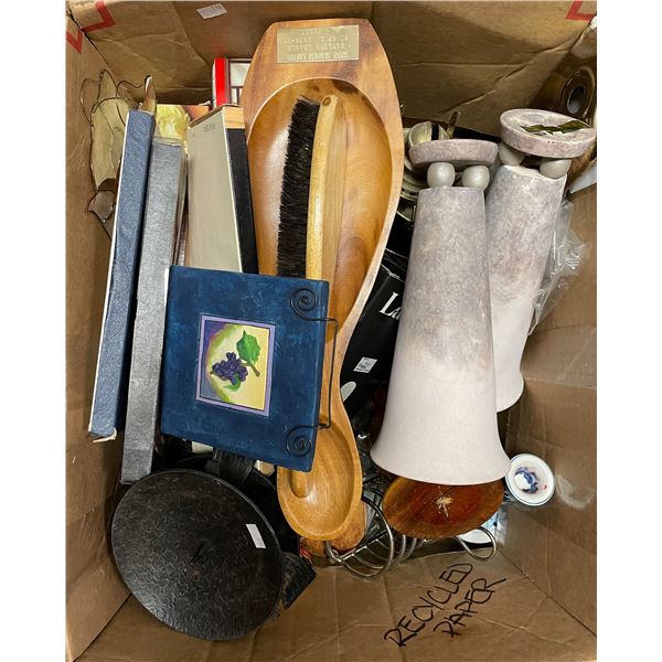 Group containing brass lantern, candle holders, vintage kitchen wares, etc.