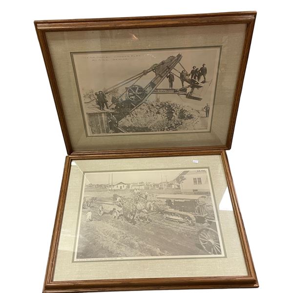 2 pc - Framed vintage pictures of a Steam Shovel in Nevada & Horse drawn wagon in1920