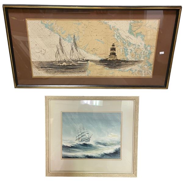 Framed pen & ink art on map by "B. Mann" & framed print of the "Invercargill" ship