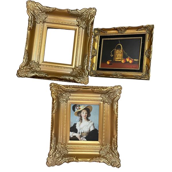 3 pc - Gold ornate picture frames - x2 containing pictures