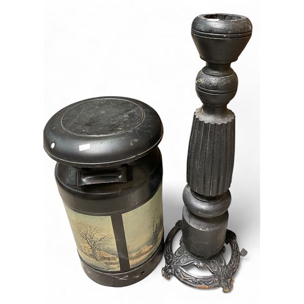 2 pc - Metal painted dairy container & wooden table base