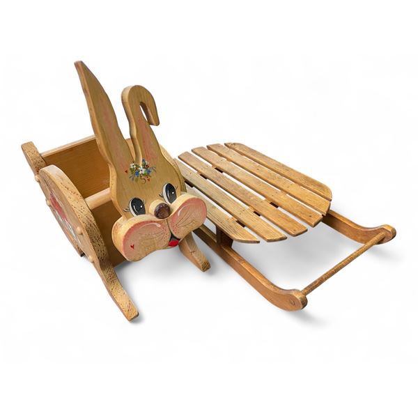 2 pc - Wooden small sled & painted rabbit garden box