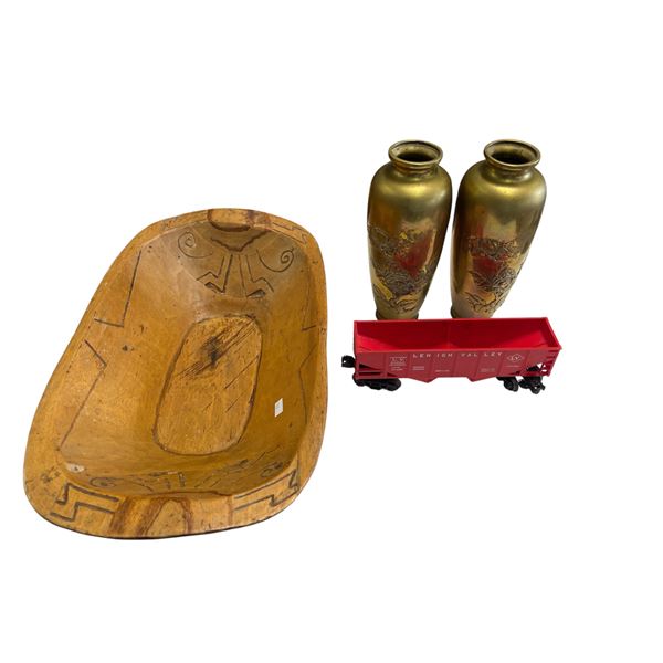 Vintage Variety: Brass Vases, Wooden Dough Bowl, & Train Car