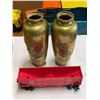 Image 2 : Vintage Variety: Brass Vases, Wooden Dough Bowl, & Train Car