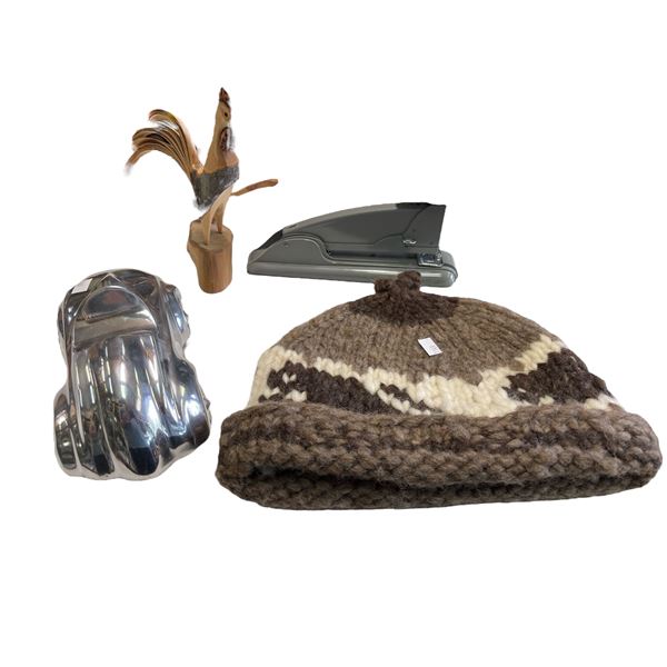 Vintage Variety: Wool Toque, Aluminum Car, Rooster Wood Caring, & Stapler