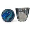 Image 1 : Blue Art Glass Paperweight & Floral Etched Thick Glass Vase