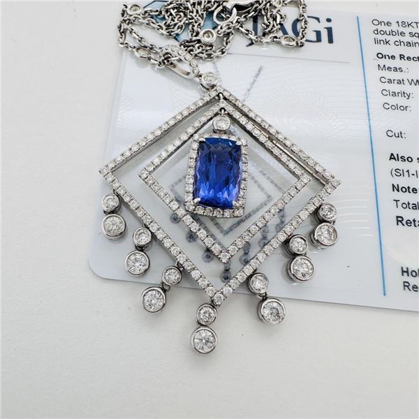 2.80 ctw Tanzanite and 3.02 ctw Diamond 18K White Gold Double Square Dangle Pend