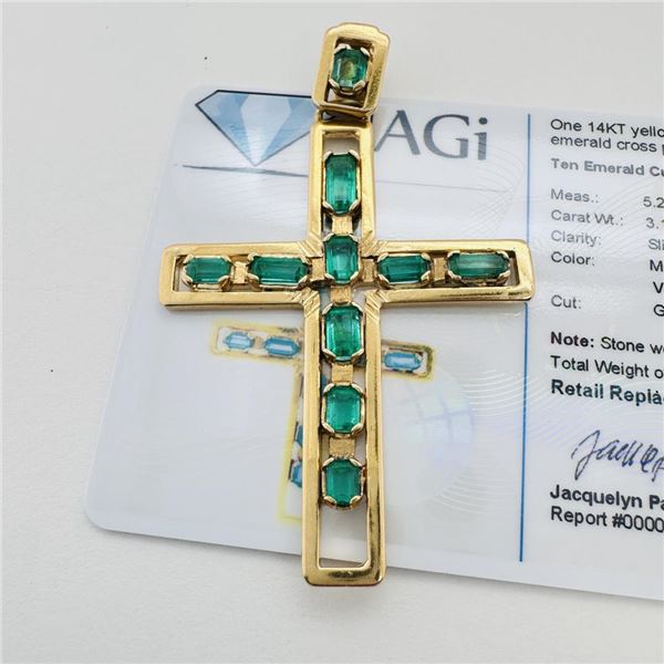 3.10 ctw Emerald 14KT Yellow Gold Cross Pendant