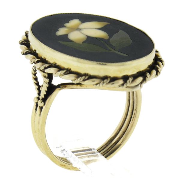 Handmade 14K Gold Natural Stone Pietra Dura Flower Mosaic Twisted Wire Ring