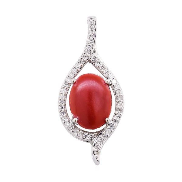 4.55 ctw Red Coral and Diamond Pendant - 14KT White Gold