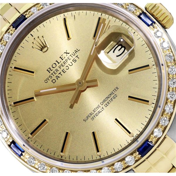 Rolex Mens Two Tone Champagne Index Dial Diamond And Sapphire Datejust With Role