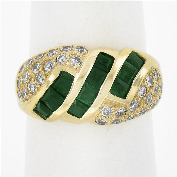 18k Gold 1.65 ctw Square Step Cut Emerald w/ Diamond Domed Statement Band Ring