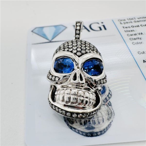 1.84 ctw Blue Sapphire and 1.73 ctw Diamond 18K White Gold 3D Skull Enhancer