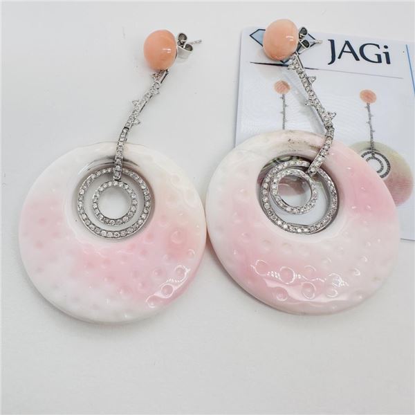 97.66 ctw Pink Coral and 0.63 ctw Diamond 18K White Gold Drop Style Disc Earring