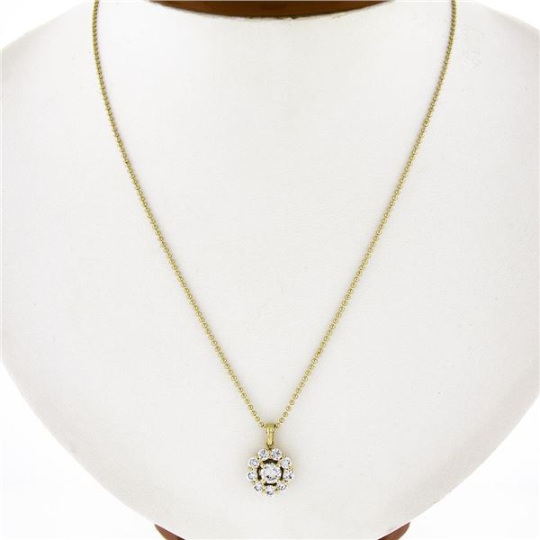 18k Yellow Gold 1.04 ctw Round Diamond Cluster Pendant 18" Bead Ball Necklace