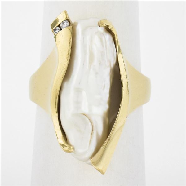 Vintage Sterllman 14k Yellow Gold Baroque Pearl w/ Diamond Free Form Ring